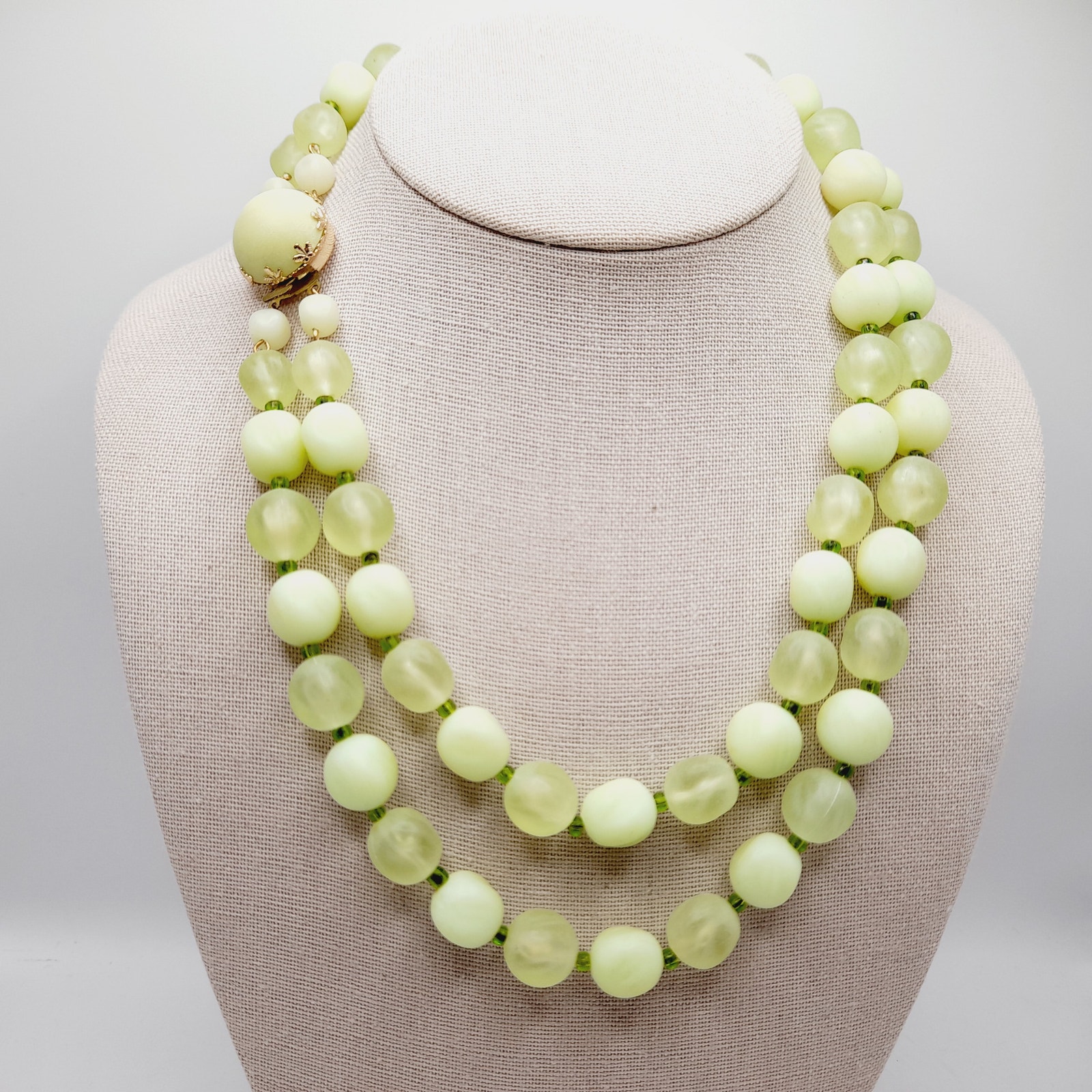 Vintage Austrian Green Lucite Two Strand Beaded Necklace 19” Signed